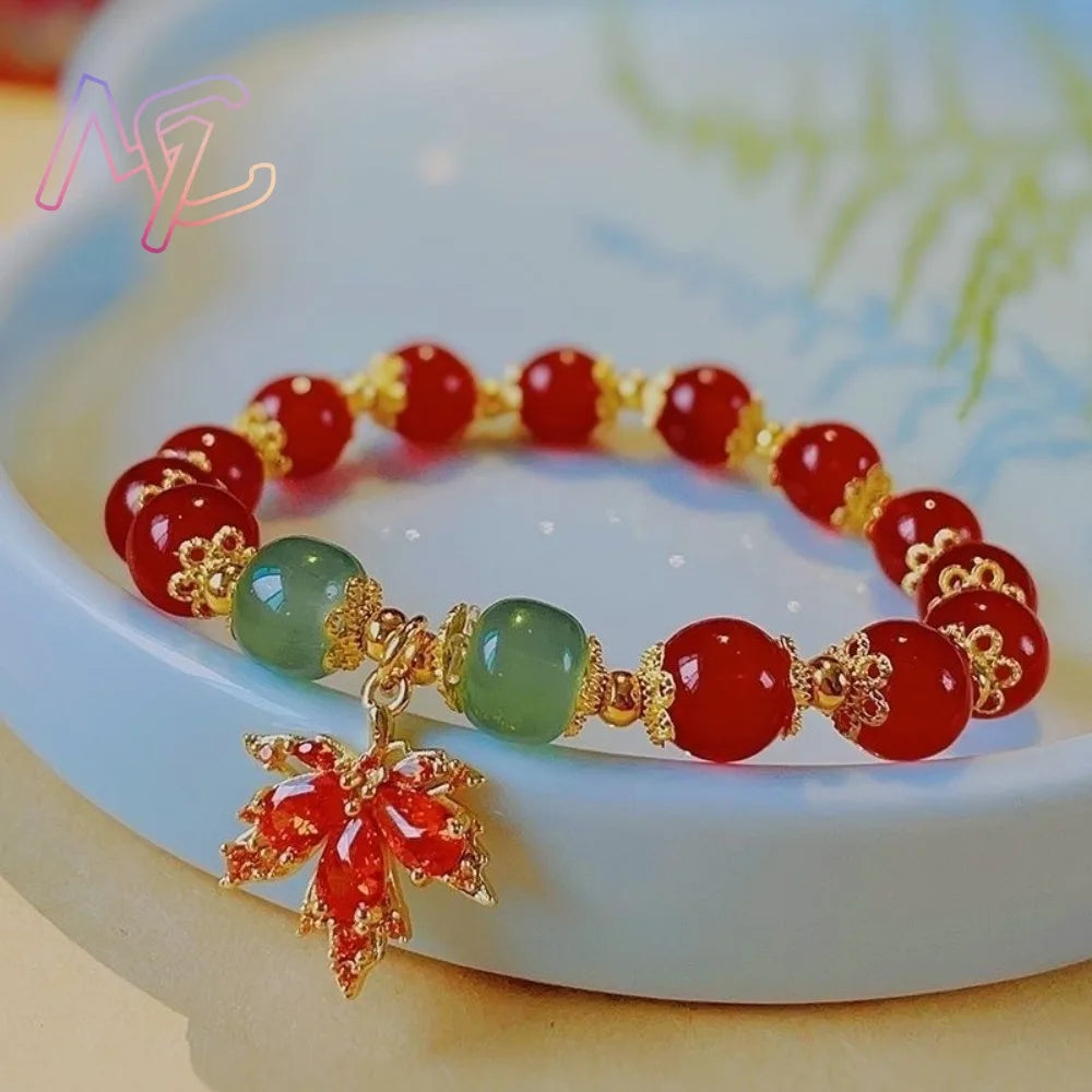 Red Natural Jade Beads Bracelet Maple Leaf Bangle Real Jewelry Fashion Gifts for Women Charm Gemstone Designer Accessories