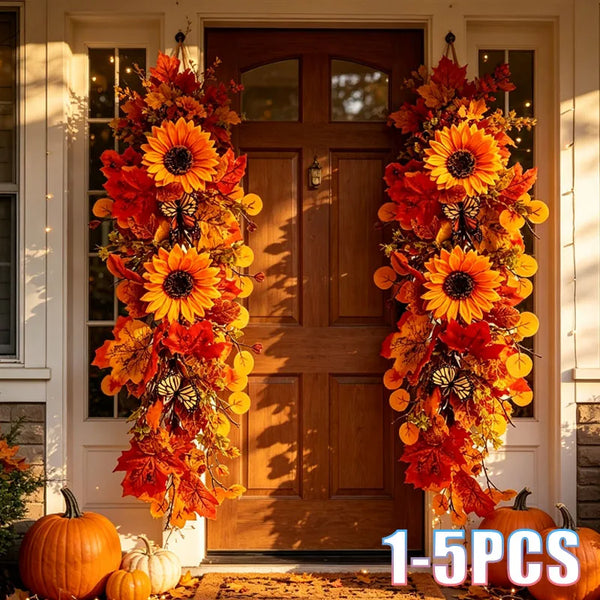 1-5pcs Seasonal Wall Decor Fall Sunflower Maple Leaf Wreath Vine Butterfly for Home Front Door Cozy Autumn Harvest Celebration