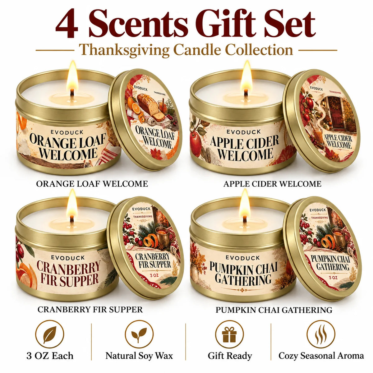 Thanksgiving Scented Candles Gift Set 3oz Gold Tins, Choose 1, 2 or 4 Pcs, 4 Fall Scents, Gift Box & Card, Hostess Gift