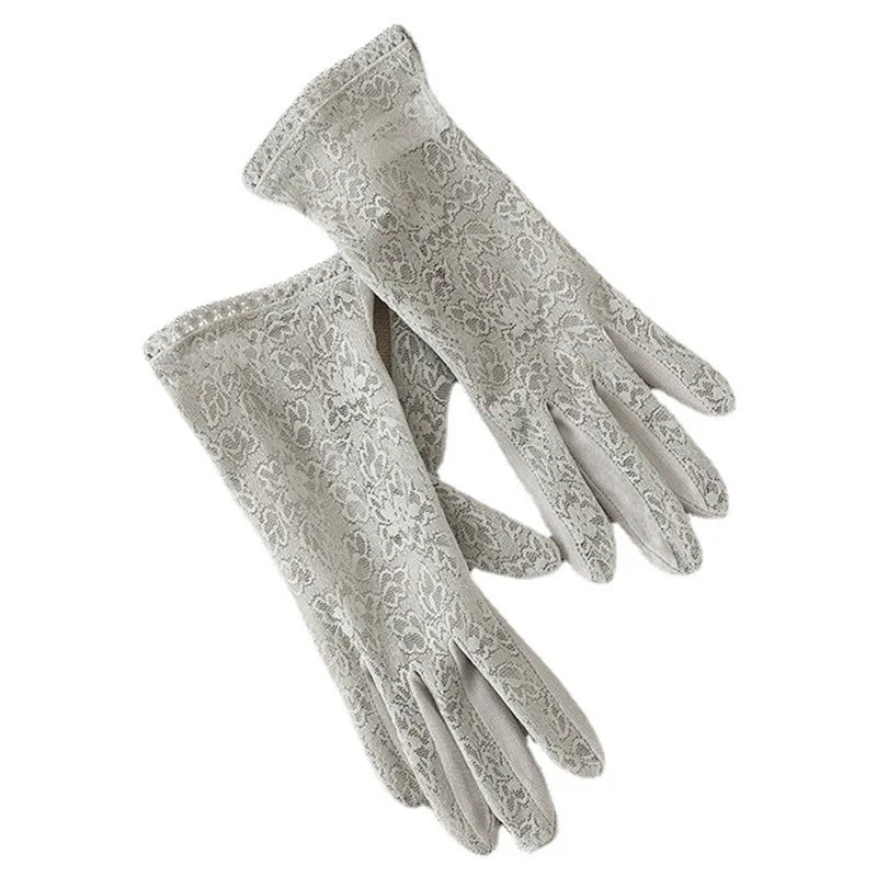 Women Mulberry Silk Sunscreen Touch Screen Sun Glove UV Protection Summer Thin Breathable Driving Flower Lace Sleep Mitten