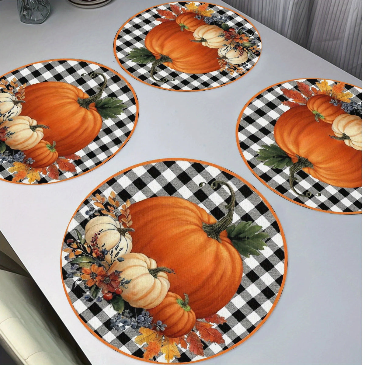 VIKAMA Round Fall Placemats Pumpkin Buffalo Plaid Linen Mats Heat‑Resistant Washable for Thanksgiving Dining Table Decor