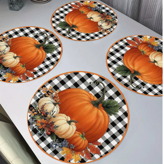Sets de table ronds à carreaux citrouille en lin