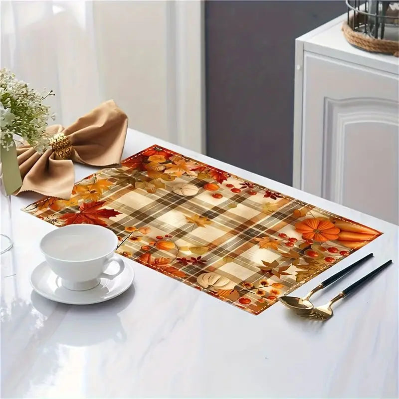 VIKAMA Fall Pumpkin Maple Leaf Plaid Placemats Linen Washable Heat Resistant Table Mats Thanksgiving Farmhouse Dining Home Decor