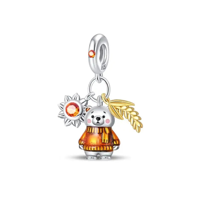 925 Sterling Silver Shiny Zircon Autumn Squirrel Maple Leaf Beads Suitable Fit Pan Original Bracelet DIY Anniversary