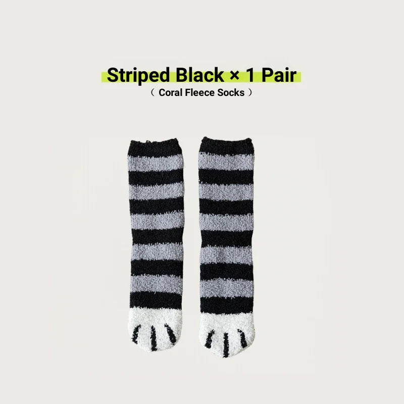 Women Cute Cat Paw Coral Fleece Socks Winter Thermal Thick Warm Fluffy Mid Calf Socks Non Slip Home Floor Sleep House Cozy Gift