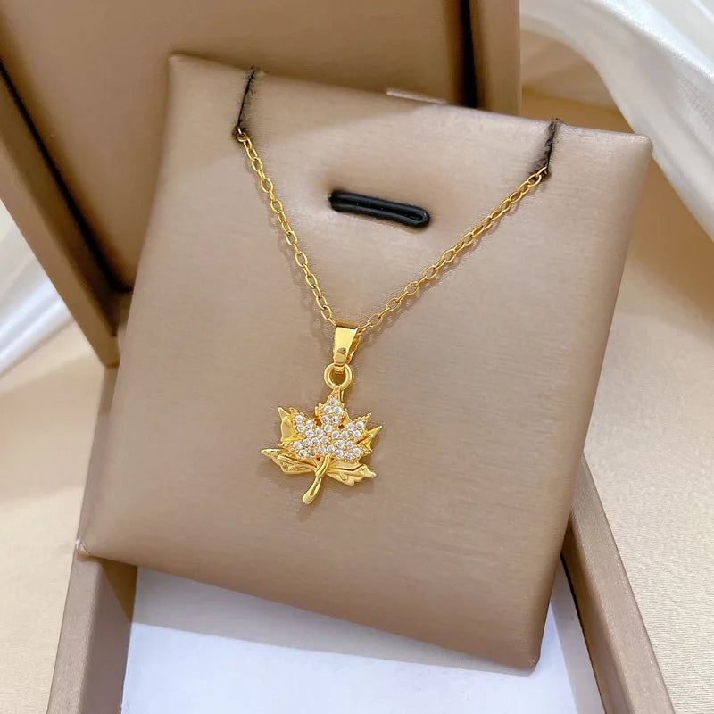 Women's Titanium Steel Double Layer Maple Leaf Necklace Leaves Crystal Pendant Clavicle Chain Fashion Luxury Elegant Accessory