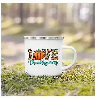 Tourist Mug Beer Coffee Cups Fall Thanksgiving Party Wine Juice Mug Hello Pumpkin Leaves Printed Enamel Mugs Fathers Day Gifts