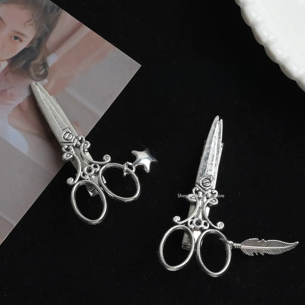Personalized Punk Hip Hop Scissors Hairpin with Leaf Star Pendant Cool Girls Fashion Dark Gothic Hairpin Y2k Hair Accessories