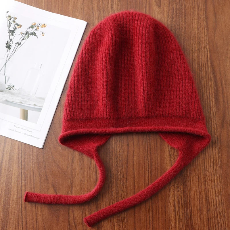 100%Pure Wool Women's Winter Knitted Hats Cute Lace-up Students Pullover Hat Autumn Winter Warm Windproof Earflap Beanies Female