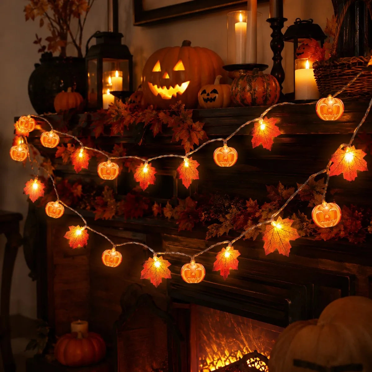 Guirlande lumineuse LED feuilles d'érable et citrouilles – Blanc chaud