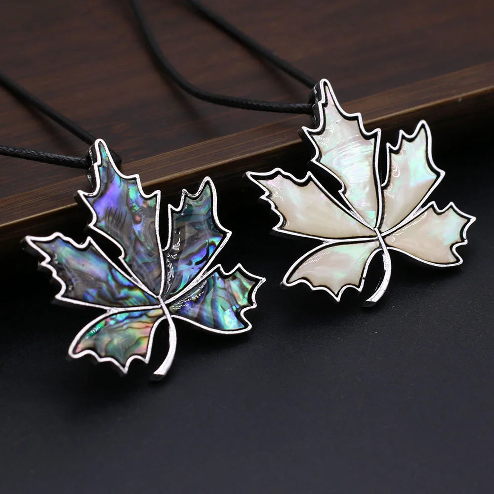 Natural Abalone Shell Pendant Necklace Vintage Maple Leaf Shape Alloy Brooch Necklace With Leather Rope Charm Jewelry For Women