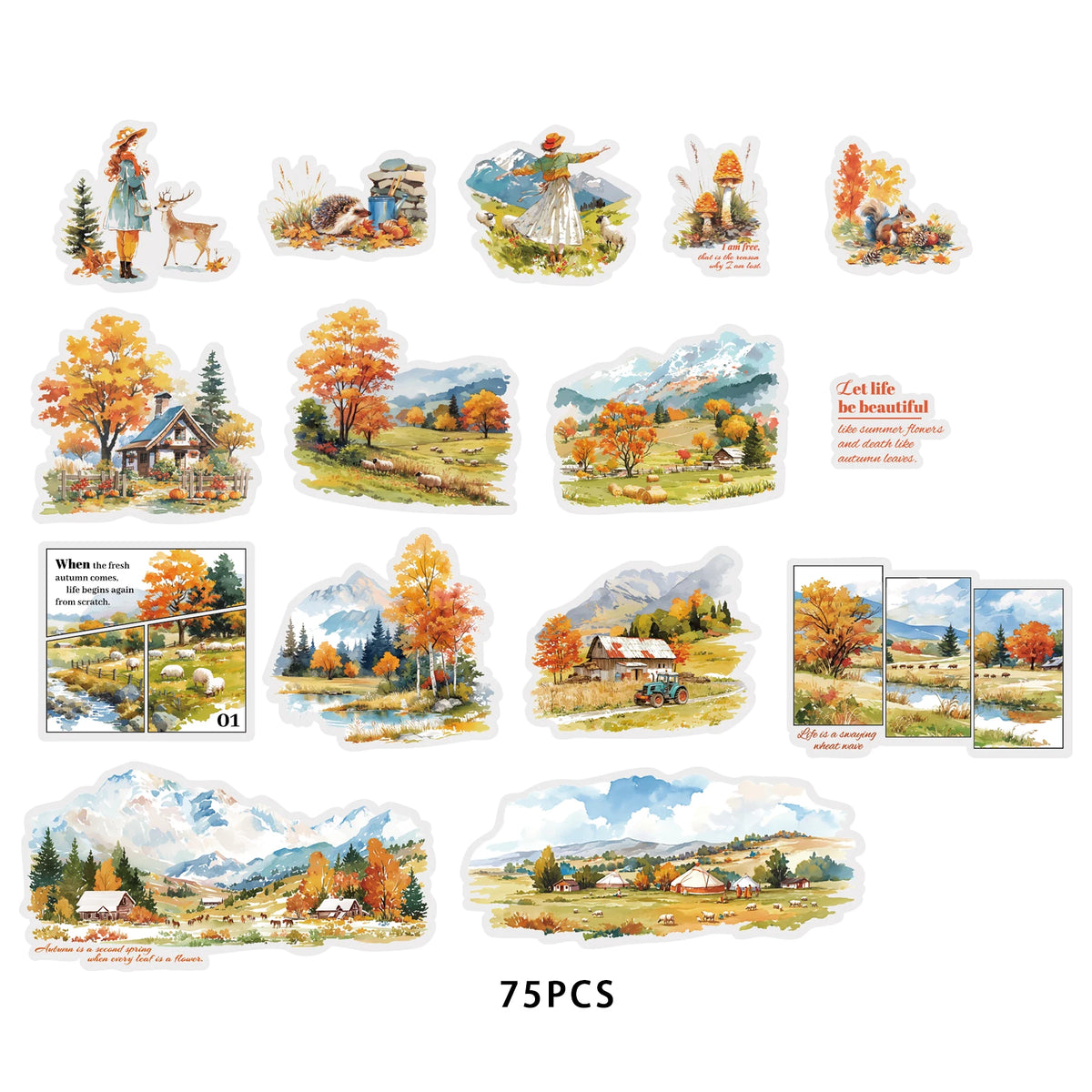 Etori Life Falling Leaves and Autumn 15Pcs Golden Autumn Scenery with Lake and Stream Pattern Pet Stickers for Laptops, Phone Stickers, Photo Albums, Suitcases, Room Decoration, Scrapbooking Supplies, DIY Crafts, Student Gift