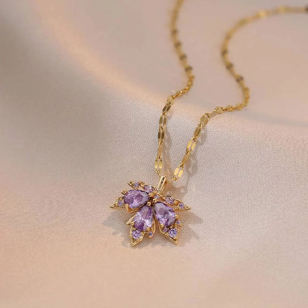 New Fashion Love Memory Red Maple Leaf Pendant Necklace For Women Cute Romantic Female Neck Chain Ladies Stainless Steel Jewelry