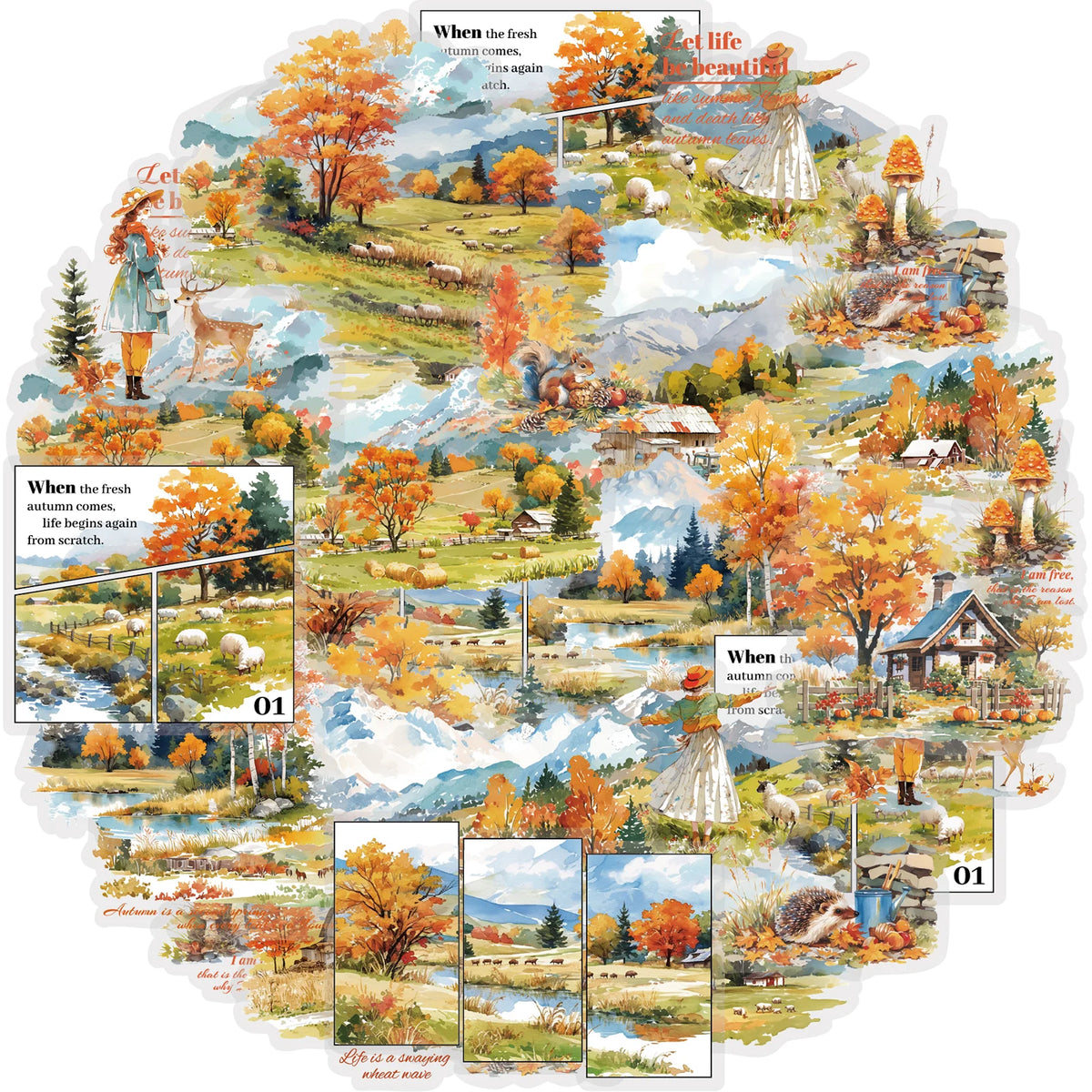 Etori Life Falling Leaves and Autumn 15Pcs Golden Autumn Scenery with Lake and Stream Pattern Pet Stickers for Laptops, Phone Stickers, Photo Albums, Suitcases, Room Decoration, Scrapbooking Supplies, DIY Crafts, Student Gift