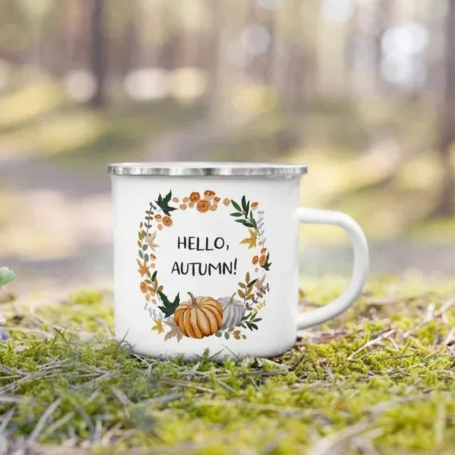 Tourist Mug Beer Coffee Cups Fall Thanksgiving Party Wine Juice Mug Hello Pumpkin Leaves Printed Enamel Mugs Fathers Day Gifts