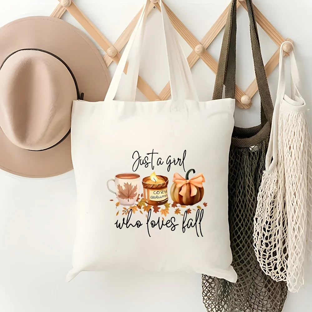 A cute autumn print bag，With pumpkin、Coffee and leaves，Durable tote bag，Suitable for daily use and comfortable autumn style