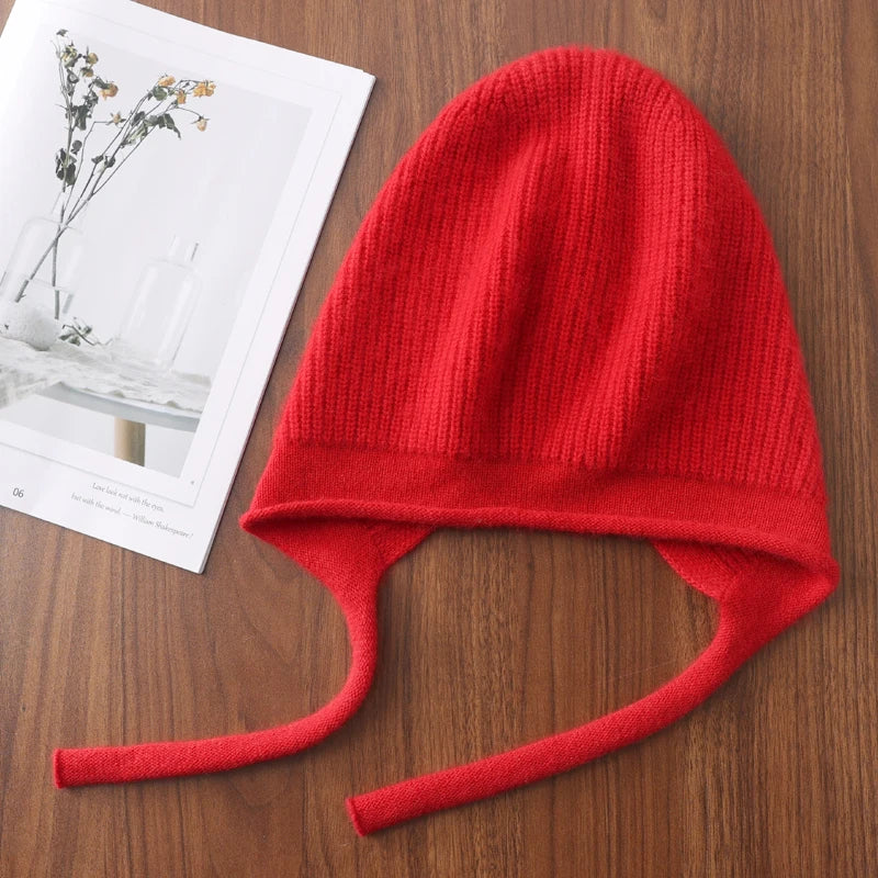 100%Pure Wool Women's Winter Knitted Hats Cute Lace-up Students Pullover Hat Autumn Winter Warm Windproof Earflap Beanies Female