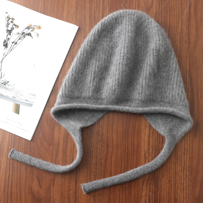 100%Pure Wool Women's Winter Knitted Hats Cute Lace-up Students Pullover Hat Autumn Winter Warm Windproof Earflap Beanies Female