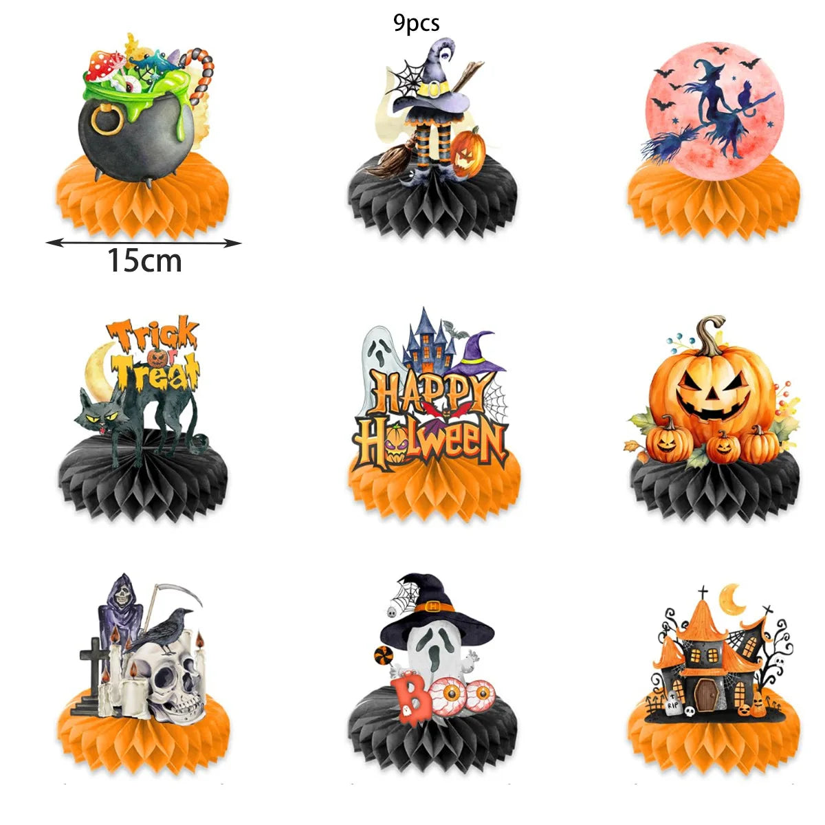 Décorations Halloween nid d'abeille 3D – Citrouille, fantôme et sorcière