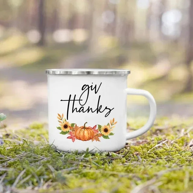 Tourist Mug Beer Coffee Cups Fall Thanksgiving Party Wine Juice Mug Hello Pumpkin Leaves Printed Enamel Mugs Fathers Day Gifts