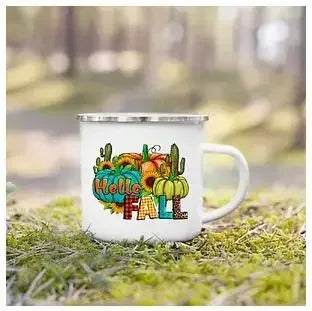 Tourist Mug Beer Coffee Cups Fall Thanksgiving Party Wine Juice Mug Hello Pumpkin Leaves Printed Enamel Mugs Fathers Day Gifts