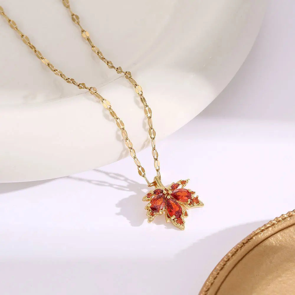 New Fashion Love Memory Red Maple Leaf Pendant Necklace For Women Cute Romantic Female Neck Chain Ladies Stainless Steel Jewelry