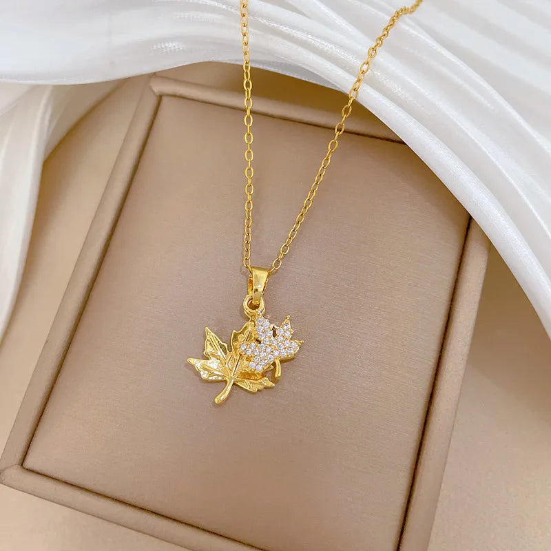 Women's Titanium Steel Double Layer Maple Leaf Necklace Leaves Crystal Pendant Clavicle Chain Fashion Luxury Elegant Accessory