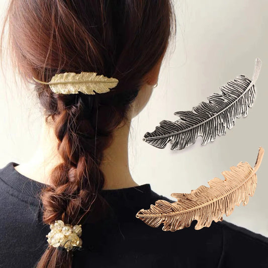 Barrette cheveux feuille et plume vintage