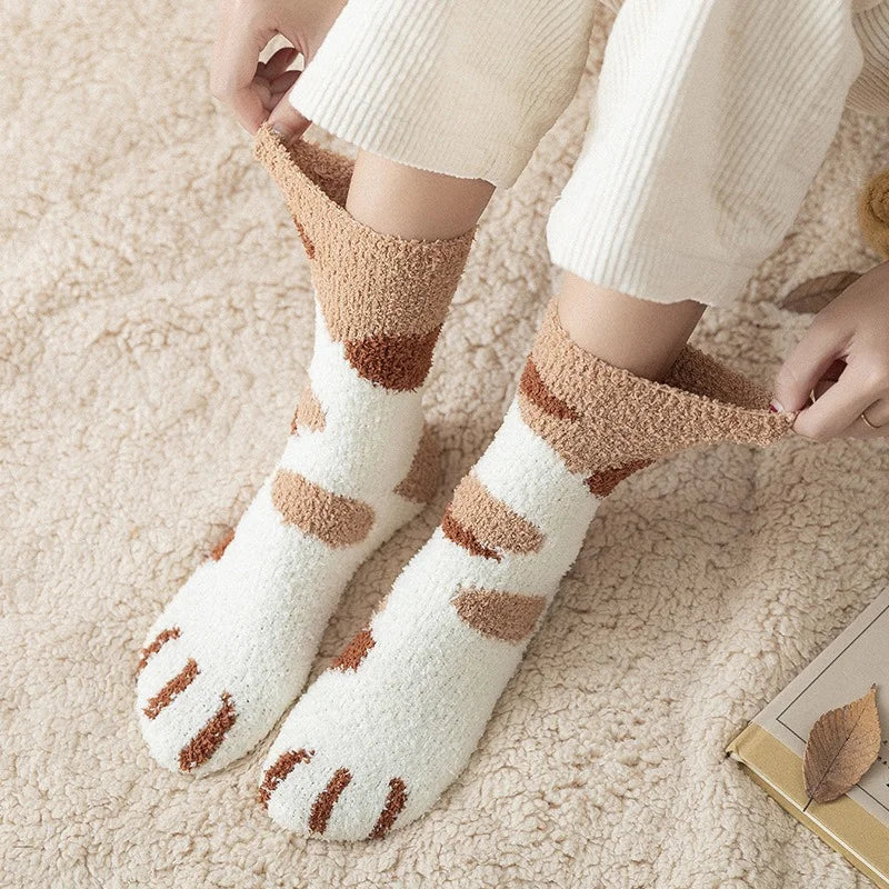 Women Cute Cat Paw Coral Fleece Socks Winter Thermal Thick Warm Fluffy Mid Calf Socks Non Slip Home Floor Sleep House Cozy Gift