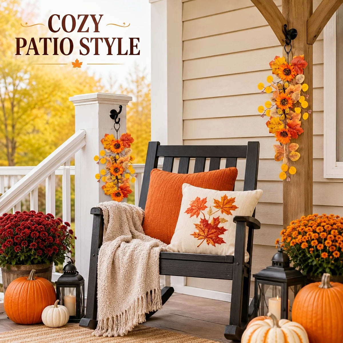 Thanksgiving Autumn Decorative Vine Garlands Orange Sunflowers Maple Leaves Theme Hanging Vines for Home Garden Decoration