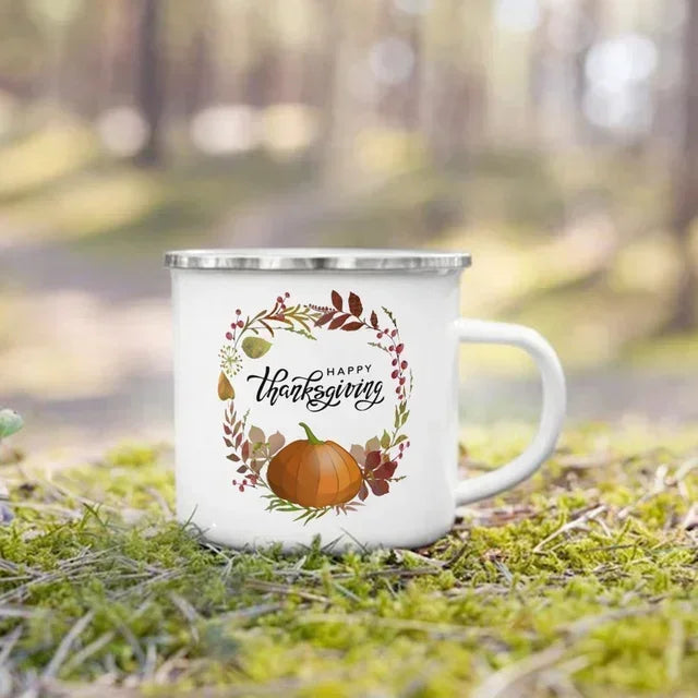 Tourist Mug Beer Coffee Cups Fall Thanksgiving Party Wine Juice Mug Hello Pumpkin Leaves Printed Enamel Mugs Fathers Day Gifts