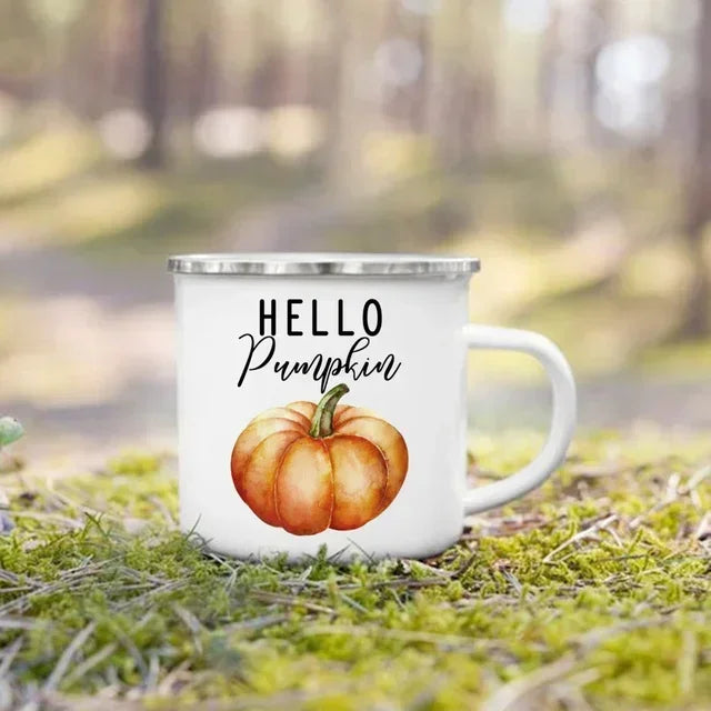 Tourist Mug Beer Coffee Cups Fall Thanksgiving Party Wine Juice Mug Hello Pumpkin Leaves Printed Enamel Mugs Fathers Day Gifts