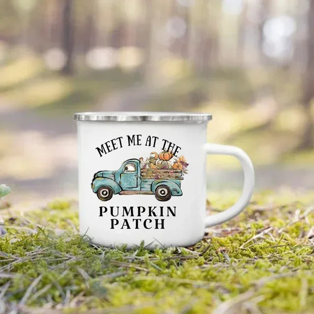 Tourist Mug Beer Coffee Cups Fall Thanksgiving Party Wine Juice Mug Hello Pumpkin Leaves Printed Enamel Mugs Fathers Day Gifts