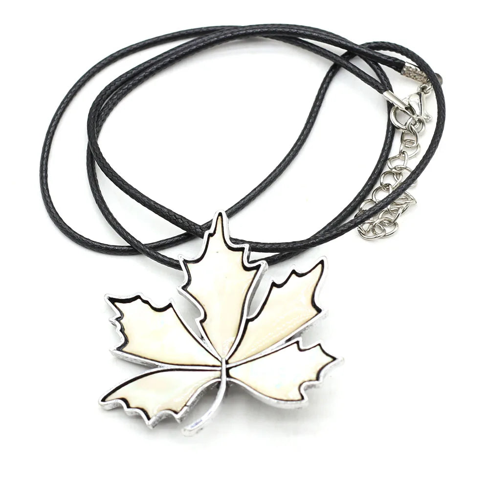 Natural Abalone Shell Pendant Necklace Vintage Maple Leaf Shape Alloy Brooch Necklace With Leather Rope Charm Jewelry For Women
