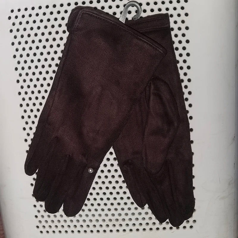 Winter Suede Leather Warm Touch Screen Driving Gloves Women Plus Velvet Thicken Full Finger Pearl Windproof Cycling Mittens K43