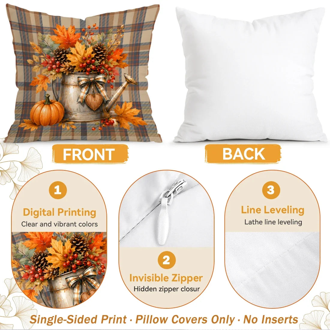 Retro Plaid Autumn Harvest Pumpkin Cushions Pillowcase Polyester Cushion Cover Throw Pillow Pillowcover Home Car Sofa Decor