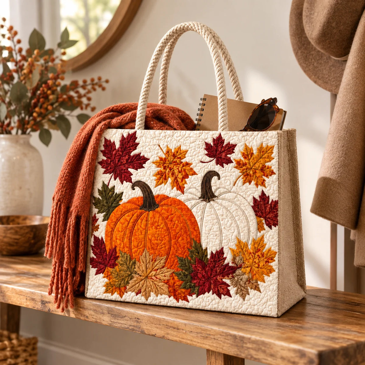 Sac imprimé d'automne (citrouille, café, feuilles)