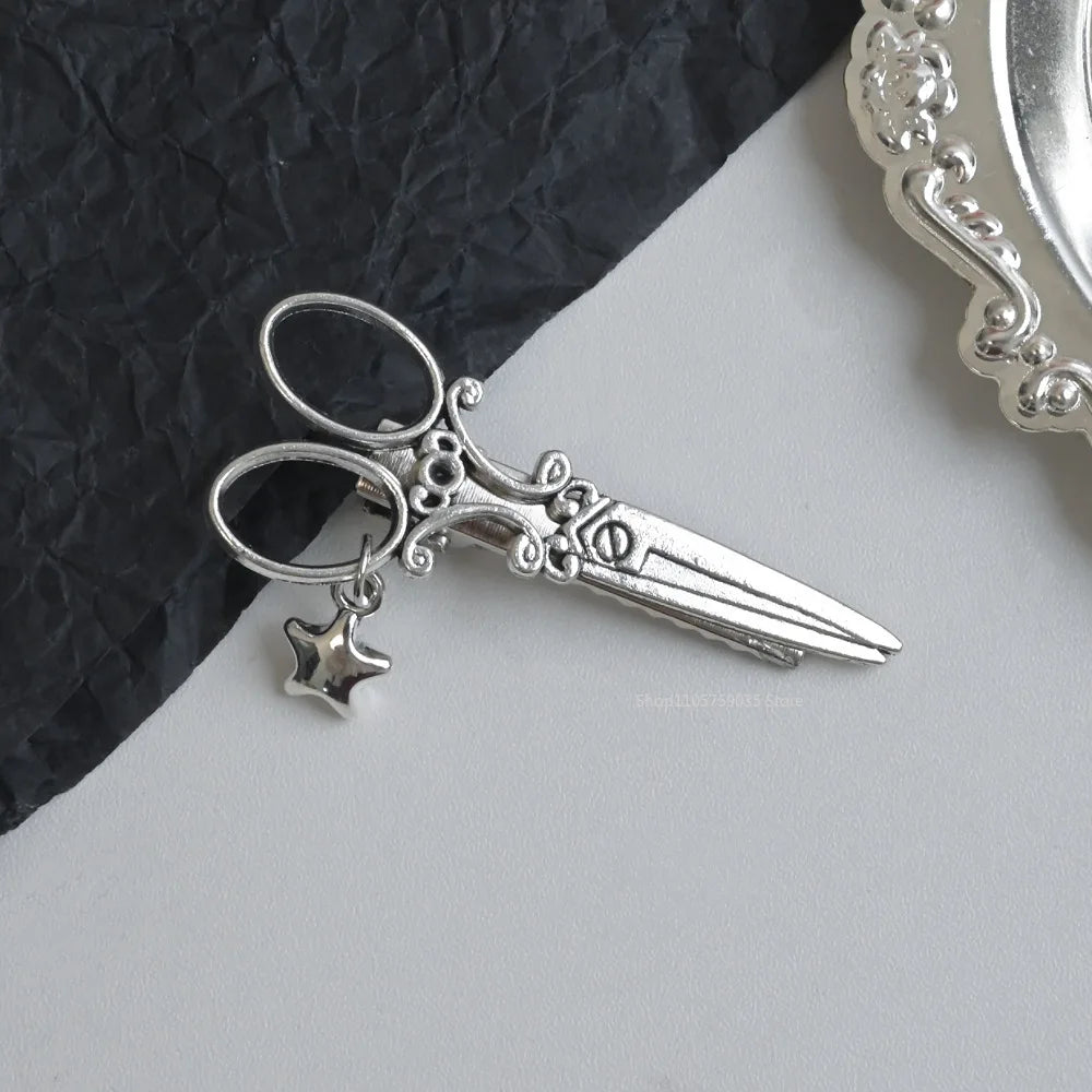 Personalized Punk Hip Hop Scissors Hairpin with Leaf Star Pendant Cool Girls Fashion Dark Gothic Hairpin Y2k Hair Accessories