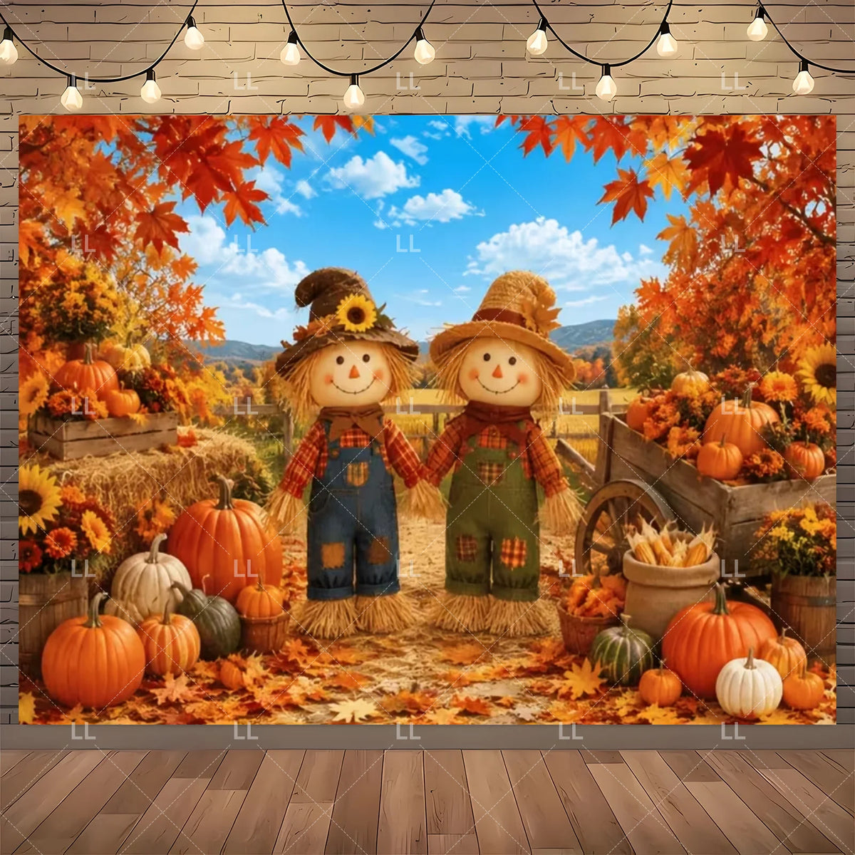 Fall Harvest Backdrop Thanksgiving Festivals Party Decoration Autumn Barn Pumpkin Maple Scarecrow Farm Photography Background
