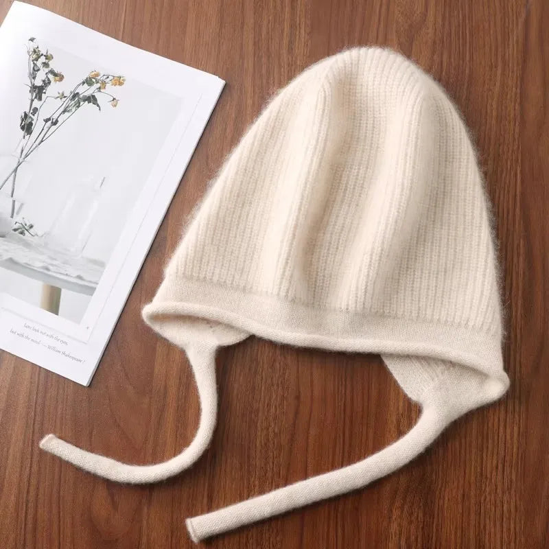 100%Pure Wool Women's Winter Knitted Hats Cute Lace-up Students Pullover Hat Autumn Winter Warm Windproof Earflap Beanies Female