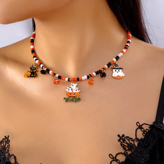 Collier Halloween – Pendentifs fantôme, citrouille, chauve-souris et lune