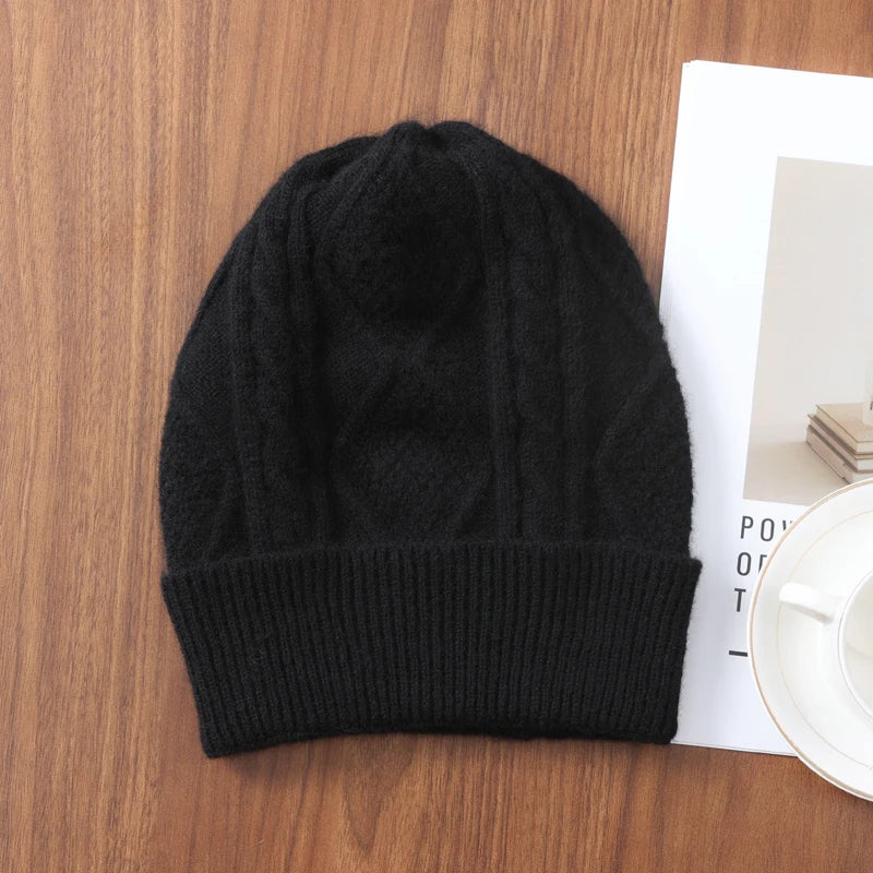 Women 100% Merino Wool Winter's Knitted Hat Men Rhombus Pattern Solid Warm Soft Wollen Beanies Y2K Hiphop Street Bonnet Skullies