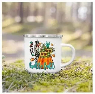 Tourist Mug Beer Coffee Cups Fall Thanksgiving Party Wine Juice Mug Hello Pumpkin Leaves Printed Enamel Mugs Fathers Day Gifts