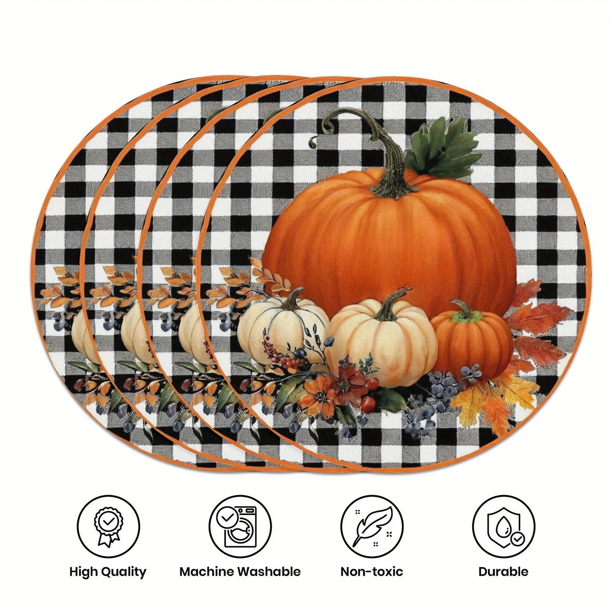 VIKAMA Round Fall Placemats Pumpkin Buffalo Plaid Linen Mats Heat‑Resistant Washable for Thanksgiving Dining Table Decor