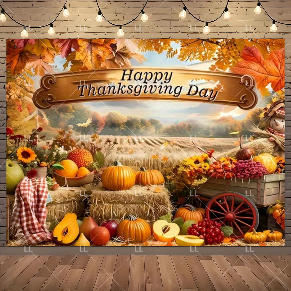 Fall Harvest Backdrop Thanksgiving Festivals Party Decoration Autumn Barn Pumpkin Maple Scarecrow Farm Photography Background