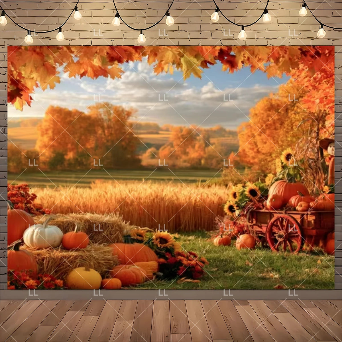 Fall Harvest Backdrop Thanksgiving Festivals Party Decoration Autumn Barn Pumpkin Maple Scarecrow Farm Photography Background
